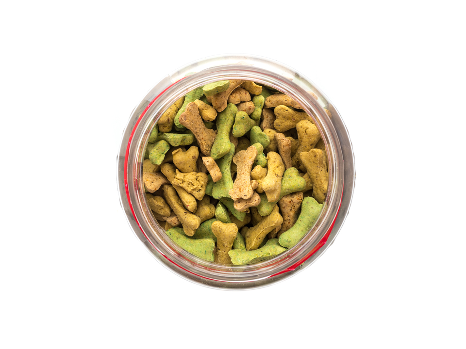 Glas met blokken voor honden. Snacks met kurkuma hebben gezondheidsbevorderende eigenschappen