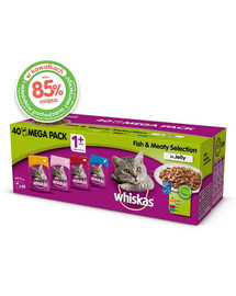 WHISKAS Adult 40x85g Fisch und Traditionelle Geschmacksrichtungen - Katzennassfutter in Gelee (Huhn, Lachs, Rind, Thunfisch)