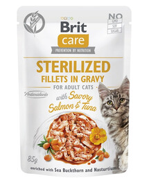 BRIT CARE Fillets in Gravy Pouch Sterilized Savory Salmon&Tuna 24x85g mit Lachs und Thunfisch für sterilisierte Katzen