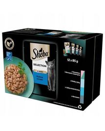 SHEBA Selection Fisch Geschmacks in Soße 12x85g Nassfutter mit Lachs und schwarzem Kabeljau, Weißfisch, Meeresfisch, Kabeljau für Katzen