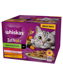 WHISKAS Adult Tasty Mix 24x85 g Stücke mit Rind, Lachs, Huhn und Pute, Huhn und Kabeljau für ausgewachsene Katzen