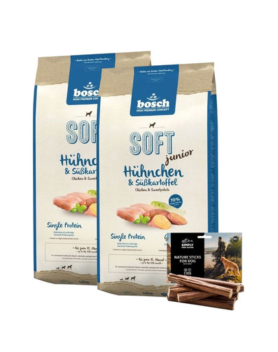 BOSCH Soft Junior Hühnchen & Süßkartoffel 2 x 12,5 kg + Hundesnacks Nature Sticks mit Rind 7 Stck