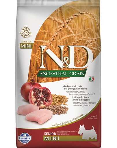 FARMINA N&D Ancestral Grain Dog Huhn, Dinkel, Hafer und Granatapfel Senior Mini 2,5 kg