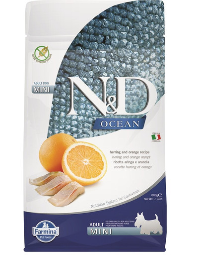 FARMINA N&D Ocean canine Herring & Orange Adult Mini für ausgewachsene Hunde kleiner Rassen 800 g