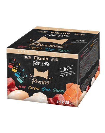 FITMIN For Life Cat Pouch Multipack 24x85g mit Rindfleisch, Ente, Huhn und Lachs in Sauce