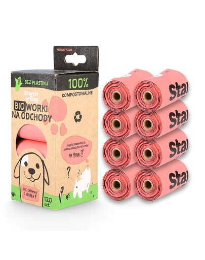 STARCH BAG Kompostierbare BIO-Beutel für Fäkalien 8 Rollen x 15 Stück, Farbe rosa