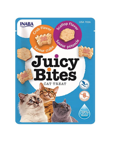 INABA Juicy Bites Katzen Leckerlie Knabbertaschen mit saftigem Kern in lustigen Formen - Jakobsmuschel und Krabbe 33,9g