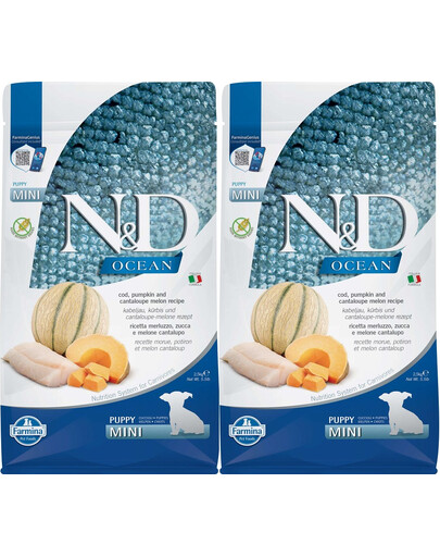FARMINA N&D Ocean Dog Puppy Mini Kabeljau, Kürbis & Cantaloupe Melone für Welpen und trächtige Hündinnen 2x2,5 kg