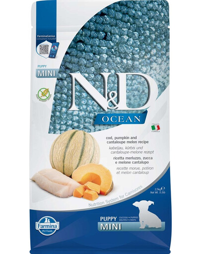 FARMINA N&D Ocean Dog Puppy Mini Kabeljau, Kürbis & Cantaloupe Melone für Welpen und trächtige Hündinnen 2,5 kg
