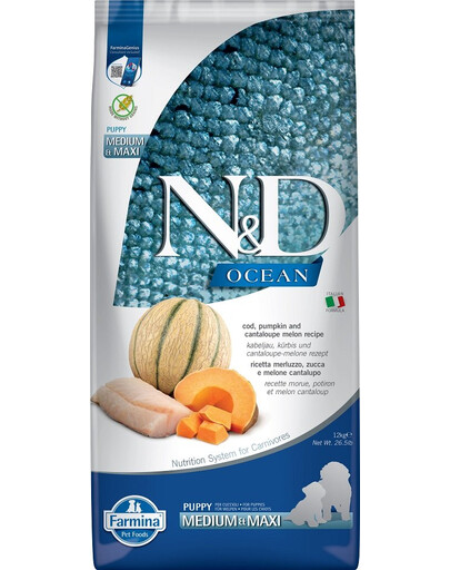FARMINA N&D Ocean Dog Puppy Medium & Maxi Kabeljau, Kürbis & Cantaloupe Melone für Welpen und trächtige Hündinnen 12 kg