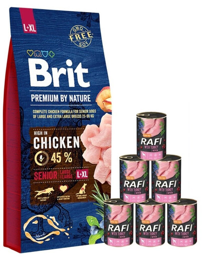 BRIT Premium By Nature Senior Large Extra Large L+XL 15 kg + RAFI Nassfutter mit Pute 6x400 g