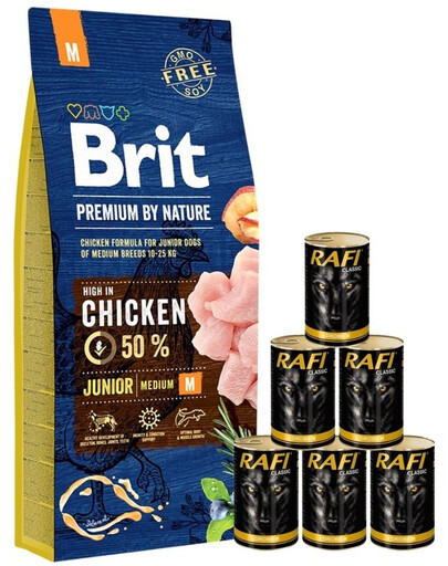 BRIT Premium By Nature Junior Medium M 15 kg + Nassfutter mit Geflügel 6x1240 g
