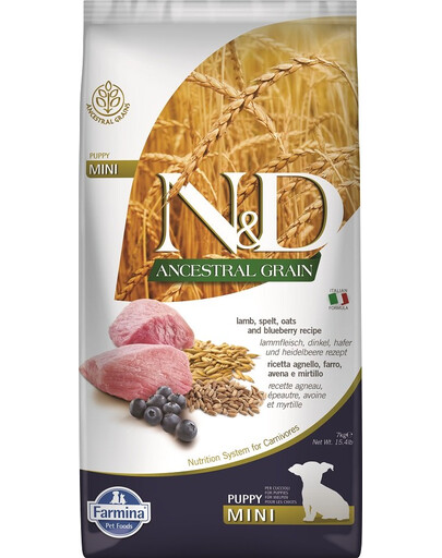 FARMINA N&D Ancestral Grain Dog Lamb & Blueberry Puppy Mini 7 kg für Welpen kleiner Rassen