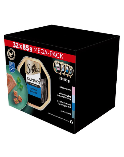 SHEBA Classics Pate Weißfisch, Kabeljau, Lachs und Thunfisch 32x85g