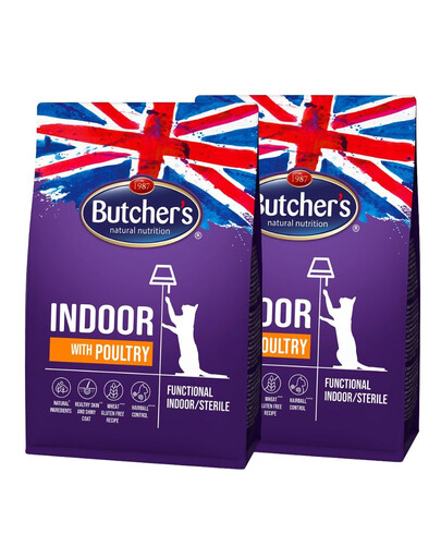 BUTCHER'S Functional Cat Indoor für Wohnungskatzen mit Geflügel 2x800g