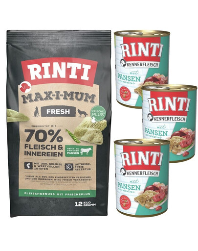 RINTI MAX-I-MUM Pansen 12 kg + Kennerfleisch Pansen 3x400 g