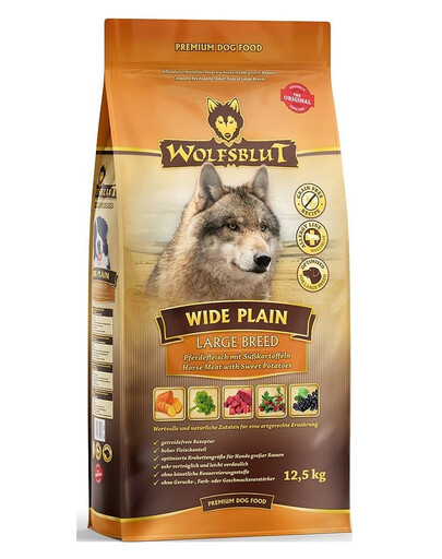 WOLFSBLUT Wide Plain Large Breed Adult Trockenfutter für allergische Hunde großer Rassen mit Pferdefleisch und Süßkartoffeln 12,5 kg