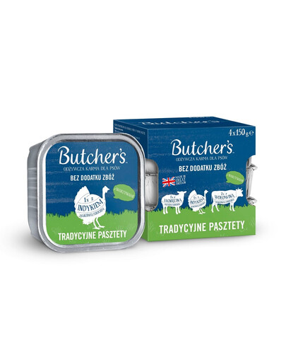 BUTCHER'S Original Traditionelle Pasteten Gemischte Geschmacksrichtungen mit Gemüse 4x150 g Pastete mit Lamm, Pute und Rind für Hunde