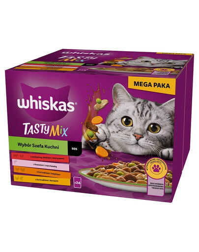 WHISKAS Adult Tasty Mix 24x85 g Stücke mit Rind, Lachs, Huhn und Pute, Huhn und Kabeljau für ausgewachsene Katzen
