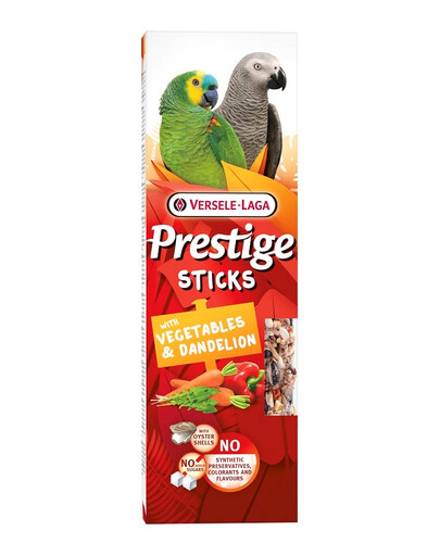 VERSELE-LAGA Prestige Sticks 2 Gemüse- und Löwenzahnflaschen für große Papageien 140g
